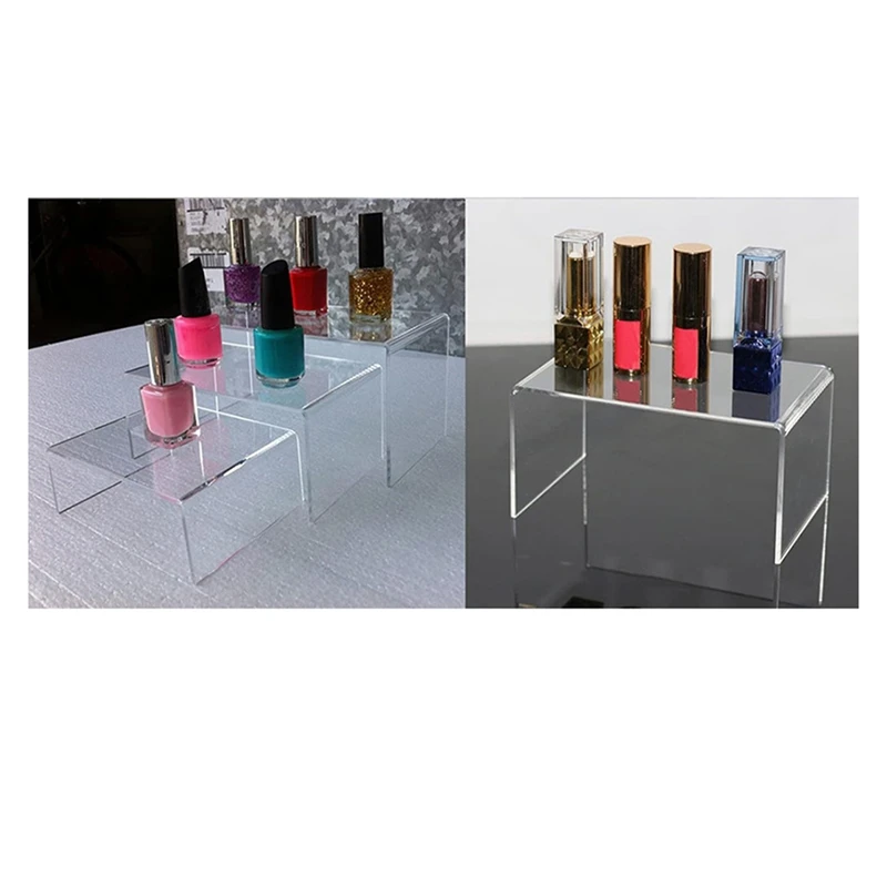 8 peças 2 conjuntos de risers acrílicos pequenos, suporte de exibição acrílico transparente grosso, vitrine de mesa retangular colecionável