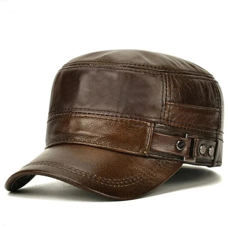 Men's Military Hats Quality Cowhide Genuine Leather Hat Men Autumn Winter New Thermal Adjustable Size Brands Baseball Caps