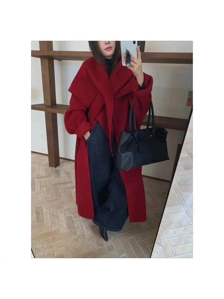 Giacche lunghe di lana da donna rosse natalizie 2025 Inverno con sciarpa Cappotti di lana 100% da donna larghi X-Long con un bottone