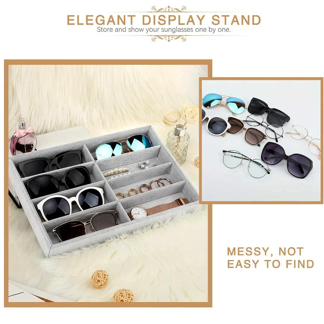 Gray Glasses Organizer, Jewelry  Tray, 8-grid Velvet Watch  Tray, Stackable Jewelry Display  Box