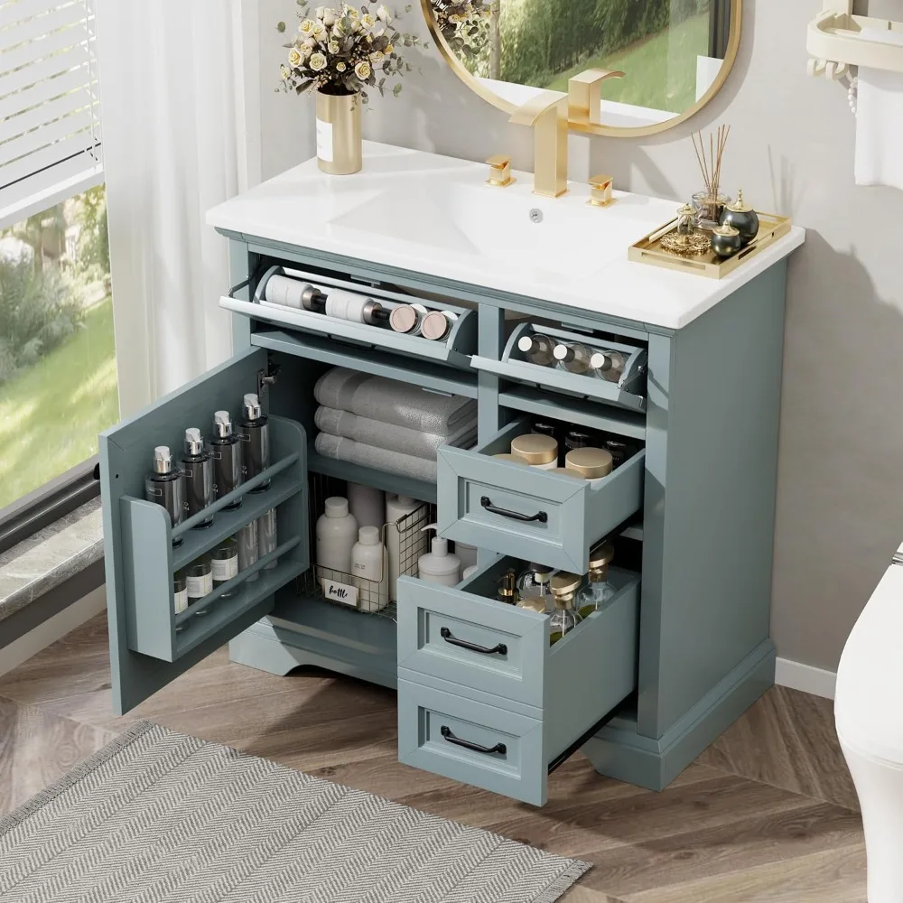 

36" Bathroom Vanities with Ceramic Sink Set, Tip-Out Drawers, Storage Cabinet with Door Shelf, Soft-Closing Doors, Grey