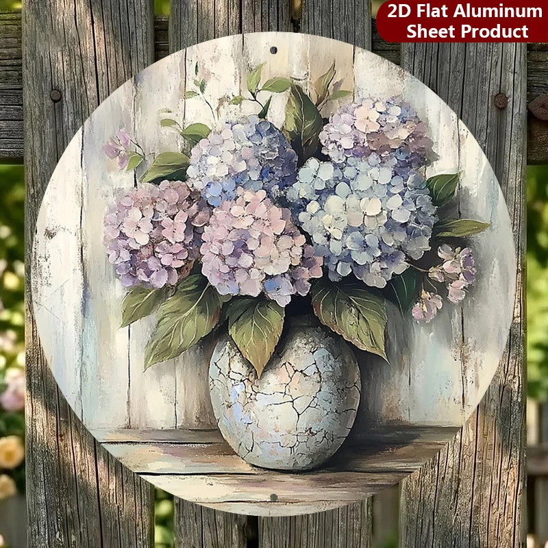 2D Flat, 1pc,Blue Hydrangeas Sign - 8X8 Inches,Rustic Wall Art Metal Wall Decor,Vintage Vase Decorative Sign Suitable for Garage