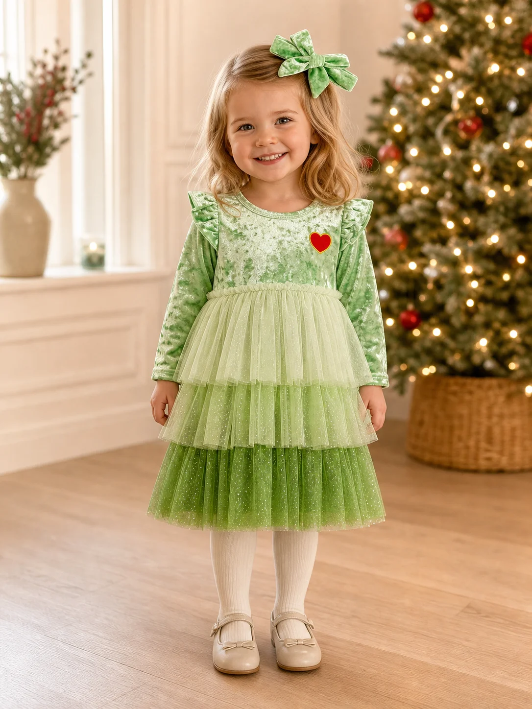 Green Velvet Baby Girl Tutu Dress Set Red Heart Patch Ruffle Sleeve Gradient Polka Dot Tulle Skirt With Matching Velvet Bow