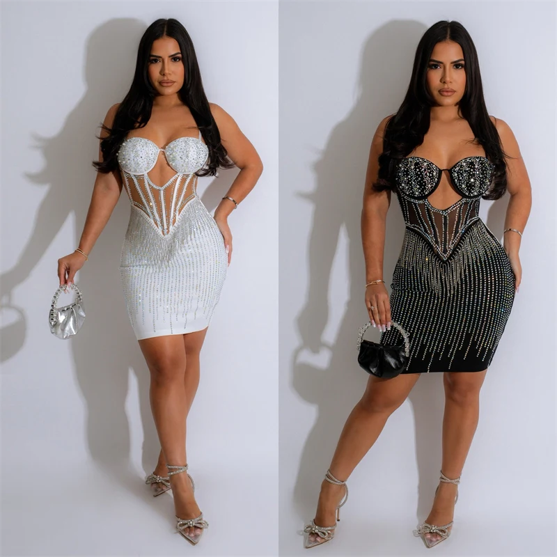 Vestido de cumpleaños con diamantes y perlas brillantes para mujer, vestidos cortos para fiesta de graduación con tirantes finos y espalda descubierta de malla transparente con parches