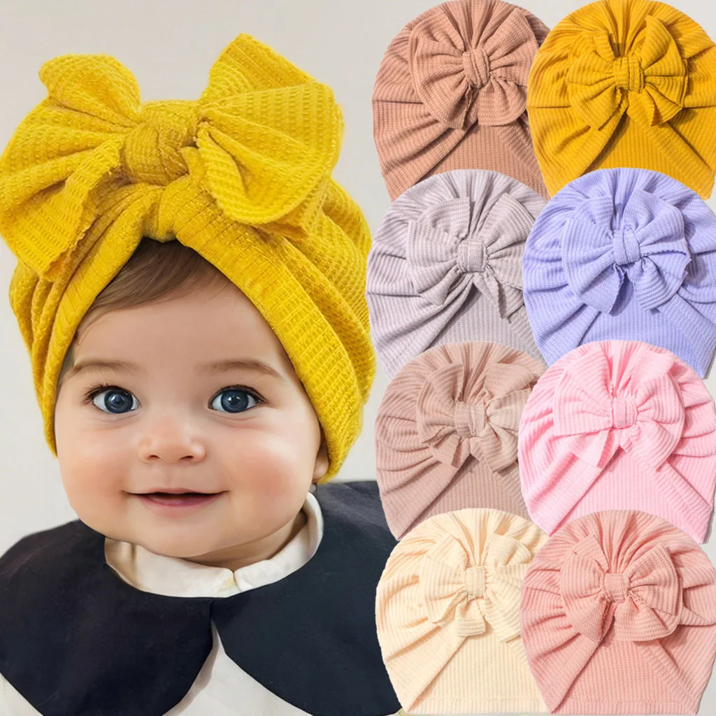 

Waffle Bow Baby Turban Hat Infant Soft Elastic Beanies Cap Breathable Solid Color Baby Girls Bonnet Hats for Newborn Headwear