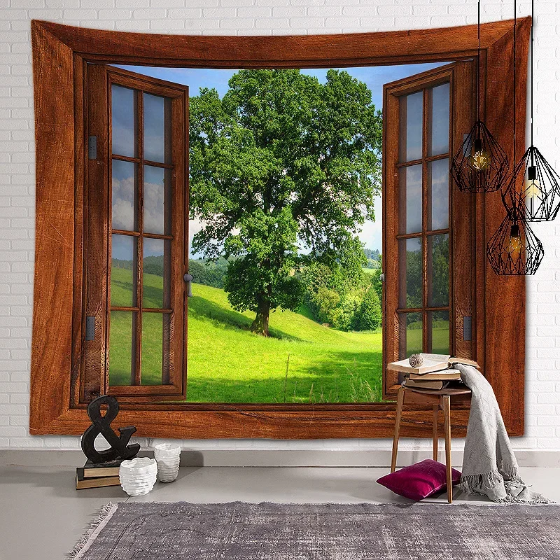 New Landscape Tapestry Tree Hole Window Beautiful Wall Cloth Green Forest  Background Painting