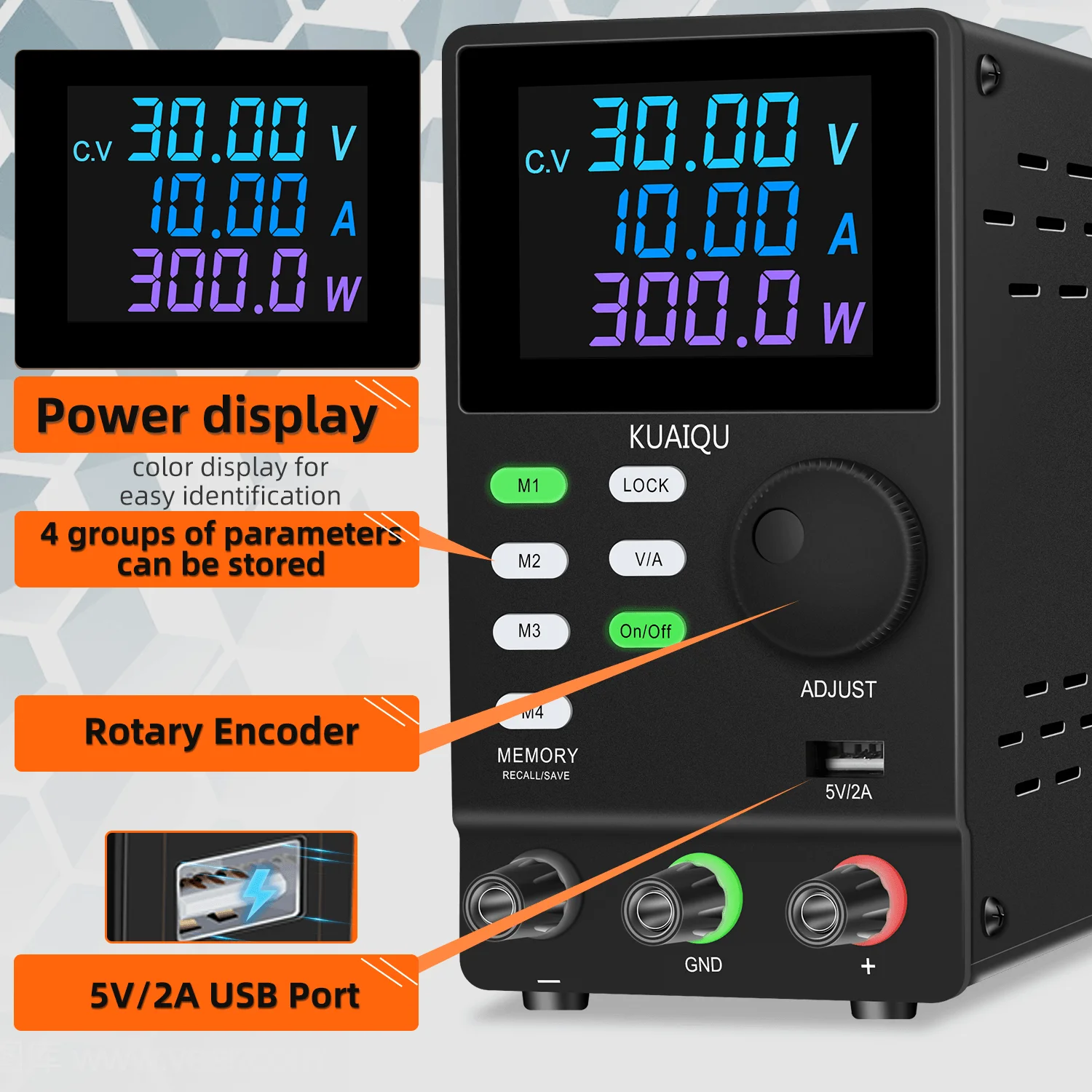 Stabilizzatore di tensione da laboratorio programmabile 30V 10A sorgente di regolazione cc a 4 memoria alimentatore interruttore LCD RS232/USB per