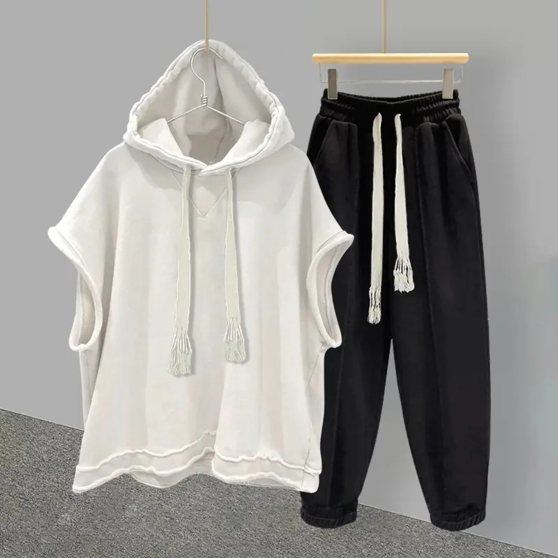 New 2025 Women SuitSolid Color Sleeveless Hood+ Casual Pants Set Women/Men