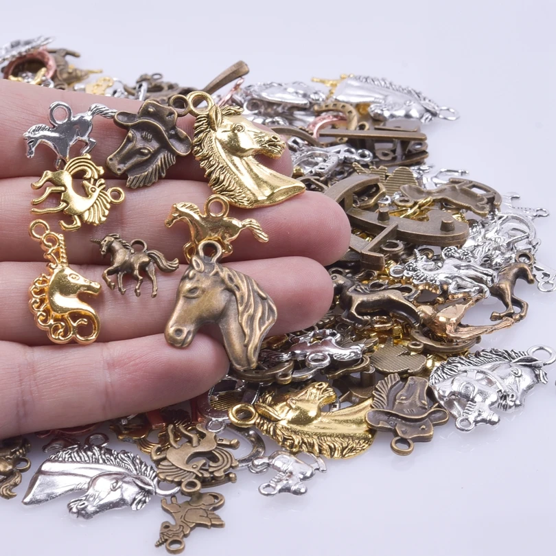 30/50pcs Charms Fly Horse Lucky Horseshoe Gold Color Pony Antique Bronze Mixed Pendants DIY Findings Tibetan Jewelry Craft