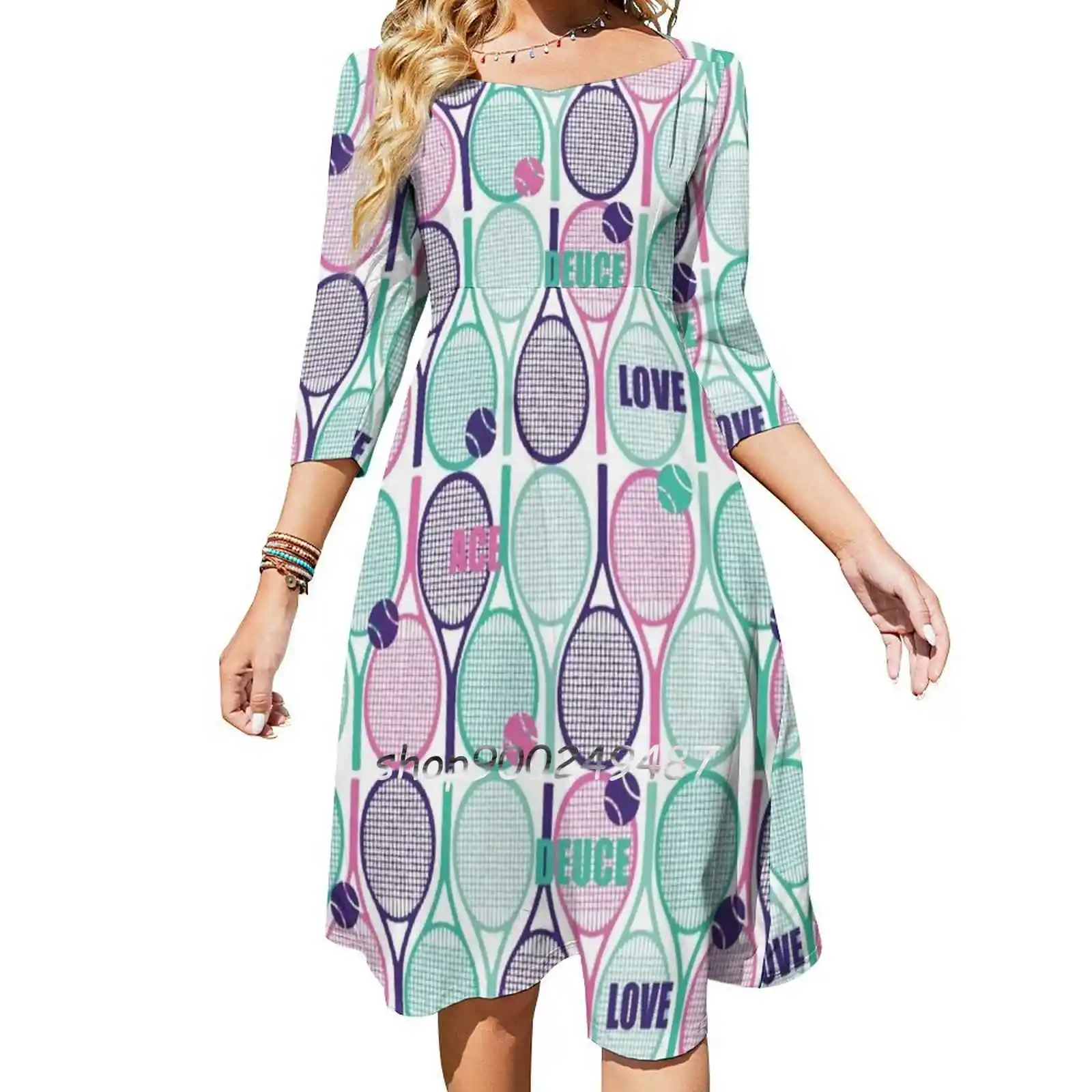 All Tennis Rackets Pattern : Pink , Teal Blue And Minty On Sweetheart Knot Flared Dress Fashion Design Large Size Loose Dress