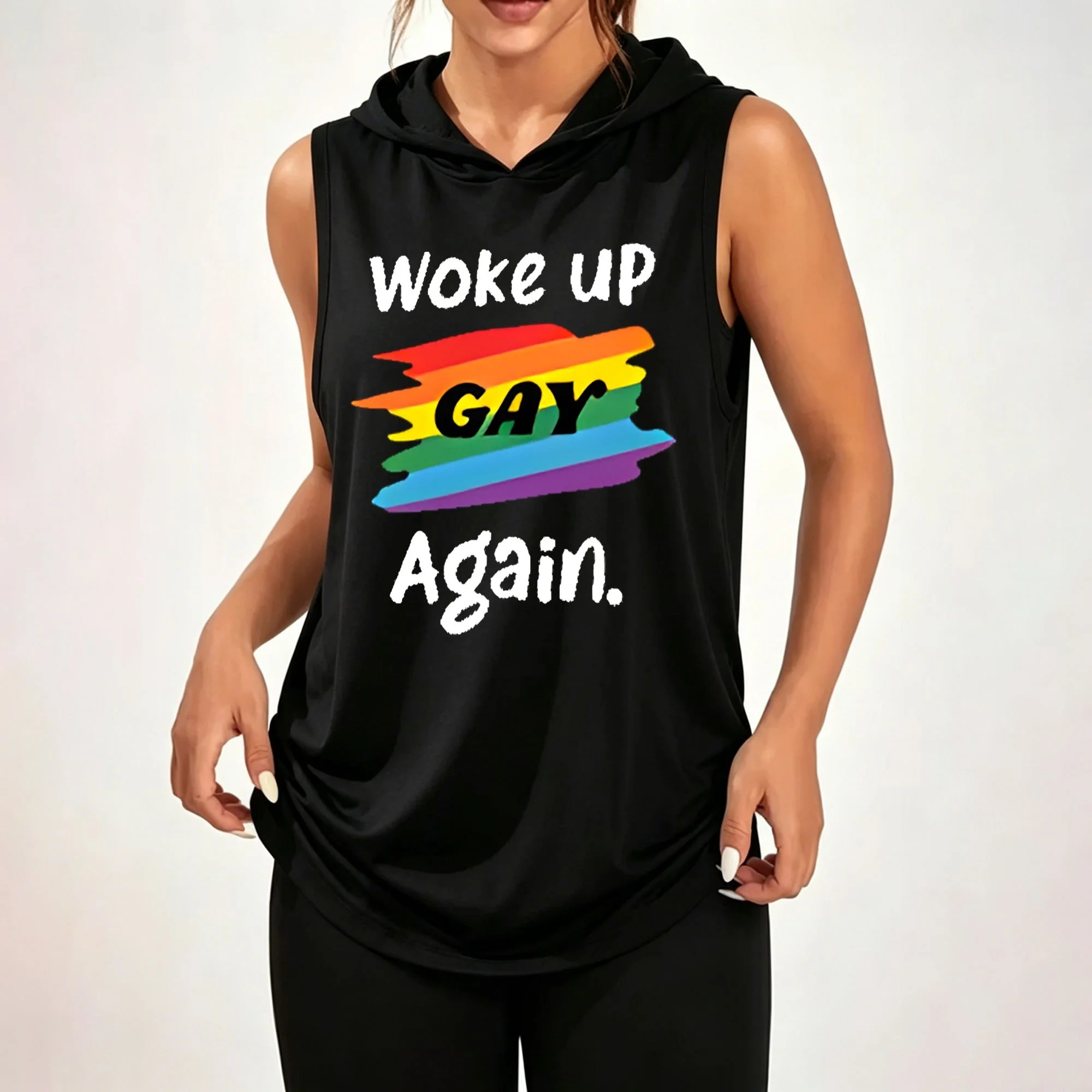 Loose-fit sleeveless hoodie featuring rainbow stripes and 