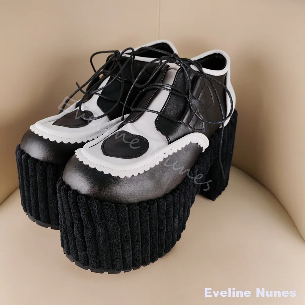 Women Gothic Lolita Platform Shoes Black White Heart Patch Lace Up Super High Block Heel Punk Cosplay Sweet Goth Wedge Boots