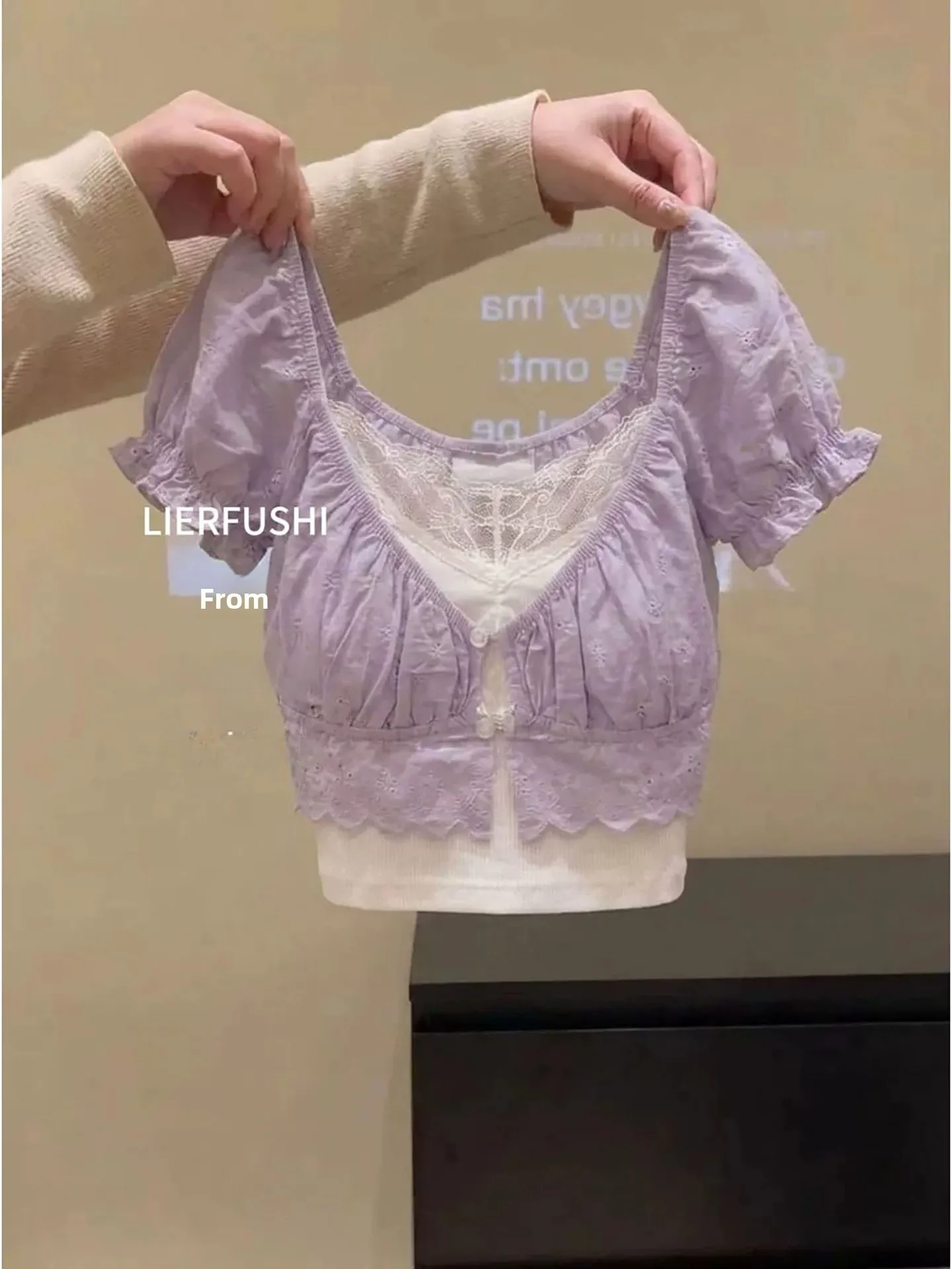 Summer Short Sleeve Bubble Sleeve Shirt Women's Fashion Set Square Collar Embroidery High Waist Shorts Lace Detail Slim Fit