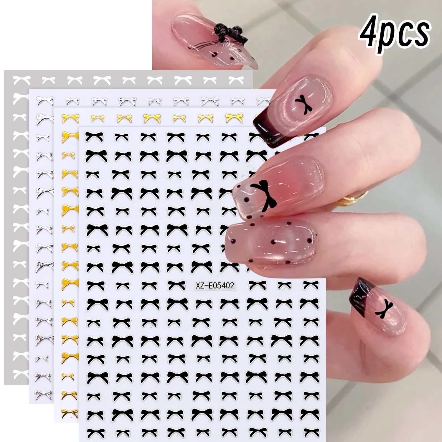 4sheets Gold Silver Black Ballet Bowknot Nail Stickers Metallic Fine Lines Bow Nail Decals Korean Style Bow Tie Manicure Sliders