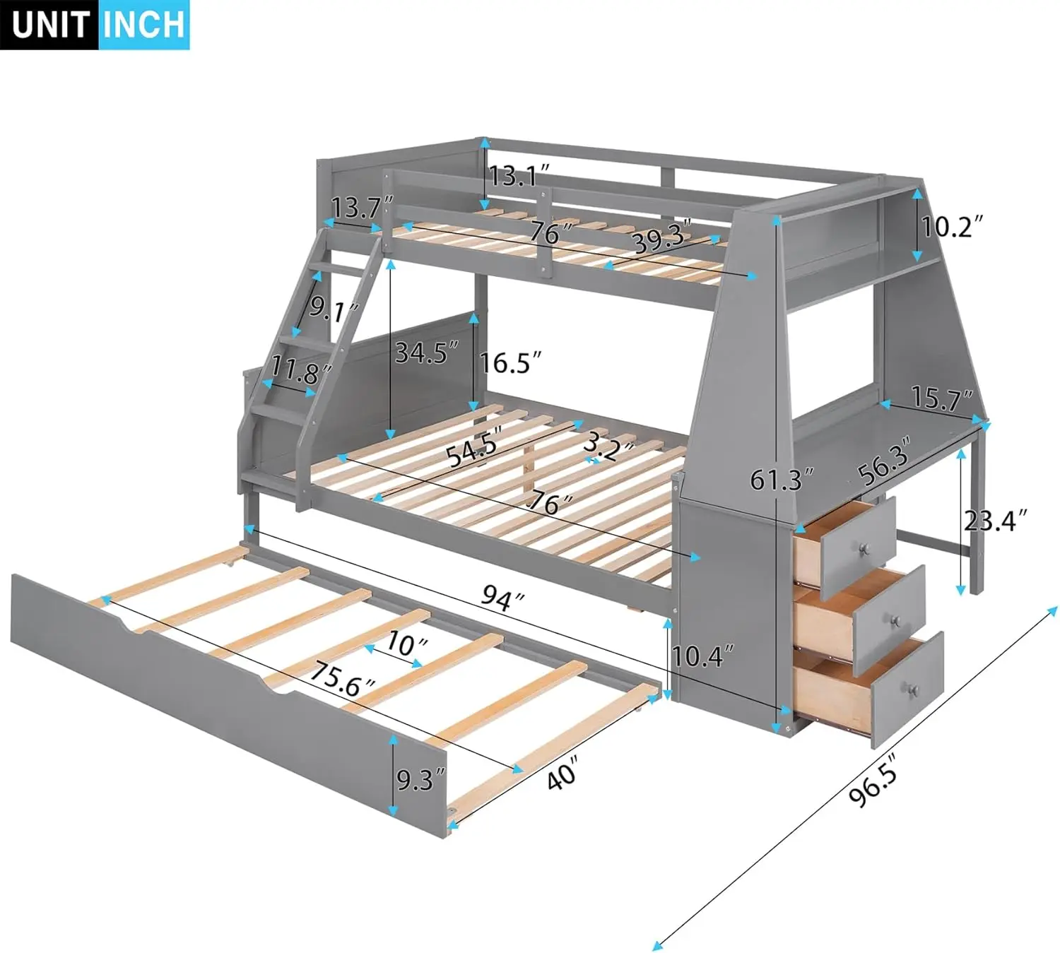 Twin Over Full Bunk Beds With Trundle And Desk Wood Bunk Bed Frame With Three Storage Drawers And One Shelf For Kids Boys Girls