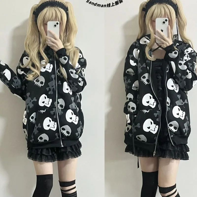 Hoodies feminino grunge Harajuku Vintage com zíper, estampa gótica de caveira, moletom japonês, roupas de rua Y2K, outono 2024