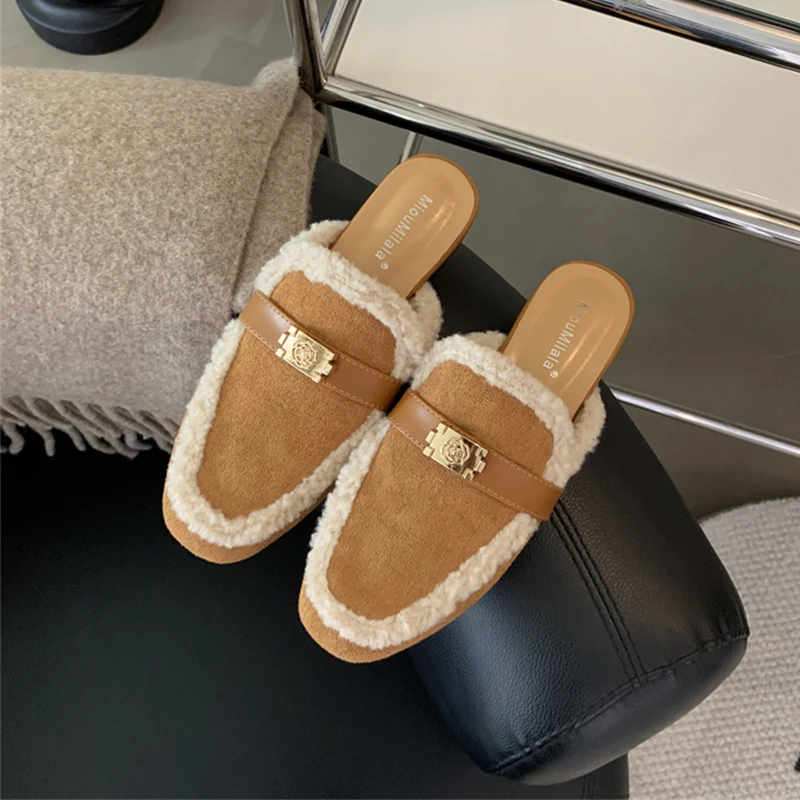 

Fur Slippers Women Winter Plush Sandals Luxury Slip-on Slides Female Designer Cotton Home Shoes Genuine Leather Shoes For Women