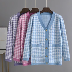 Elegant Houndstooth Knit Cardigan 2023 Coat Women V-neck Long Sleeve Loose Large Size Jacket Sweater Oversized Cardigans Autumn