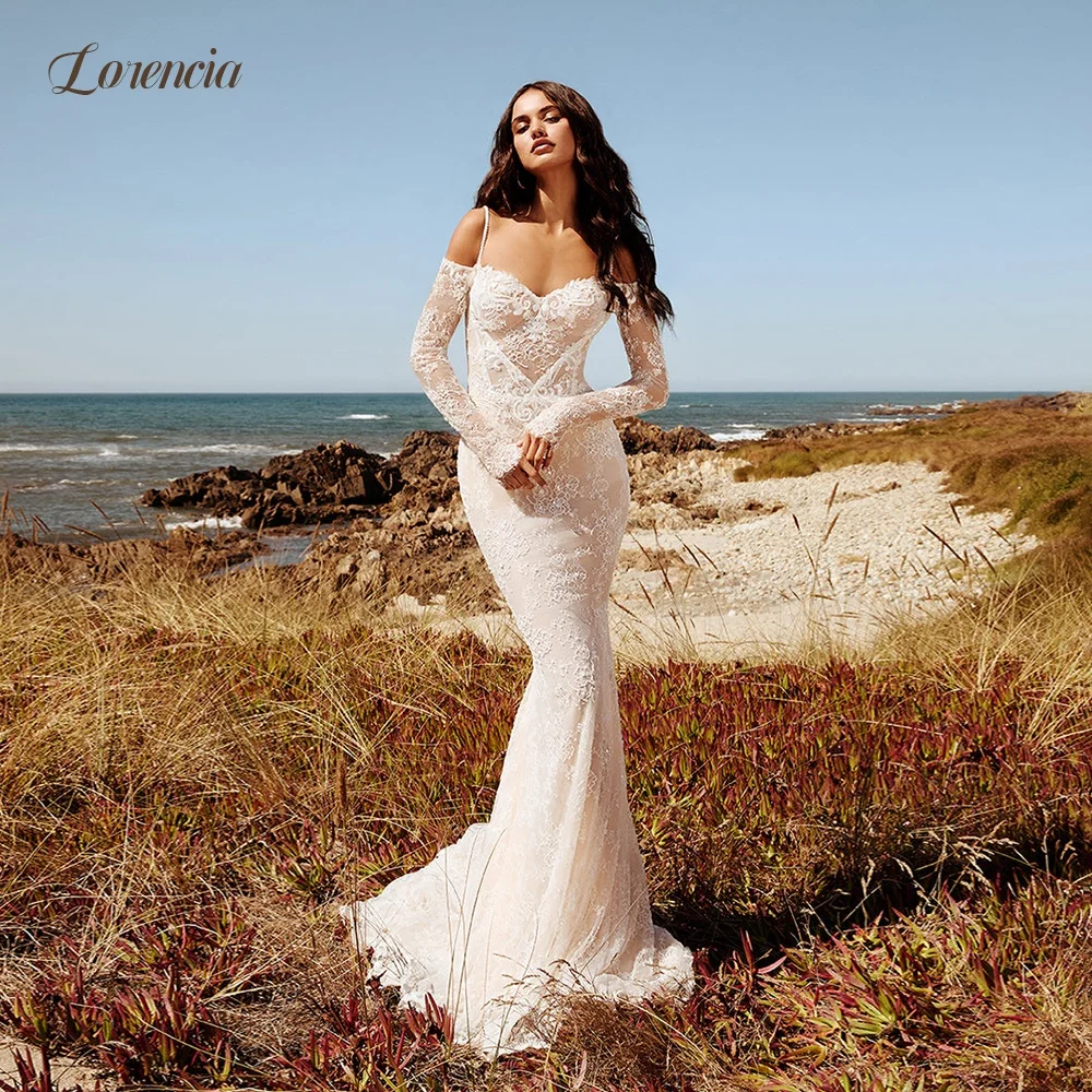 Lorencia Long Sleeves Lace Mermaid Wedding Dresses Off Shoulder Fitted Bridal Gowns Open Back Customized Trumpet Wedding Gowns