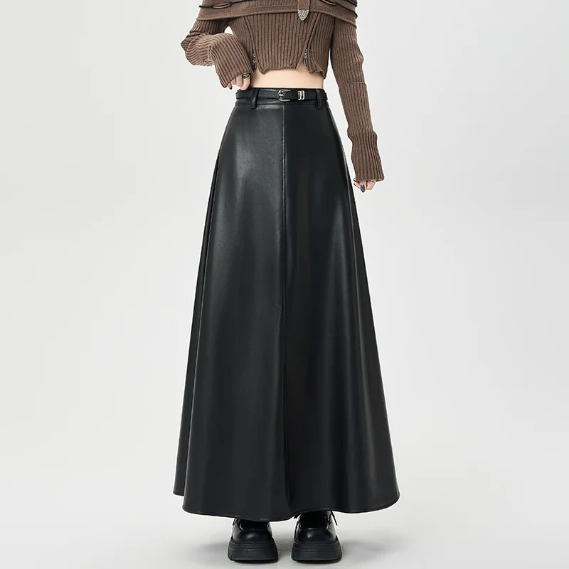 Long Super Fire Leather Skirt Half Body Skirt Women's Hanging High Waist Umbrella Skirt Versatile