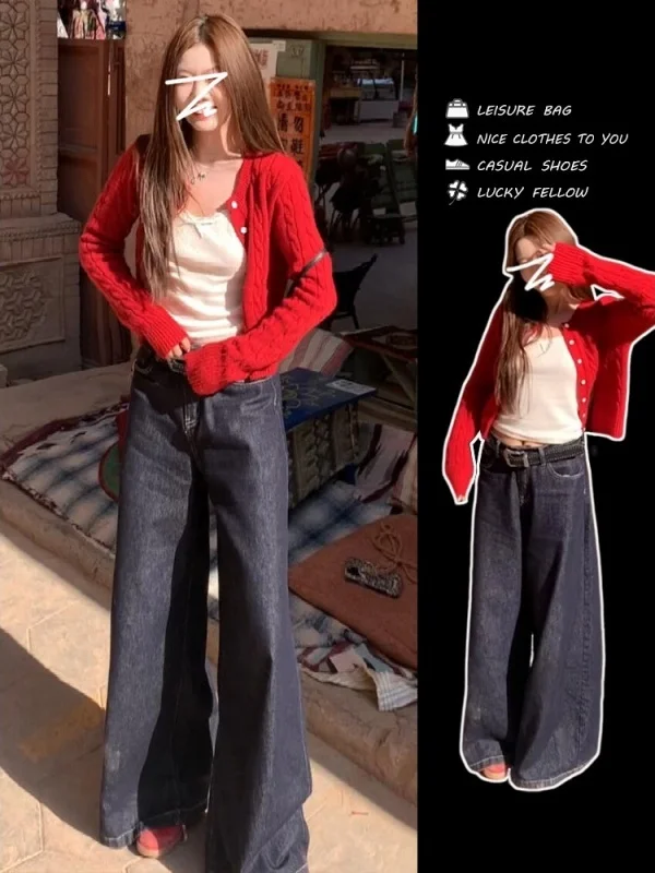 

2026 Spring New Lazy Sle Red Knitted Jaet Women's ort Size Korean Version Casual round Ne Button up Sweater Coat
