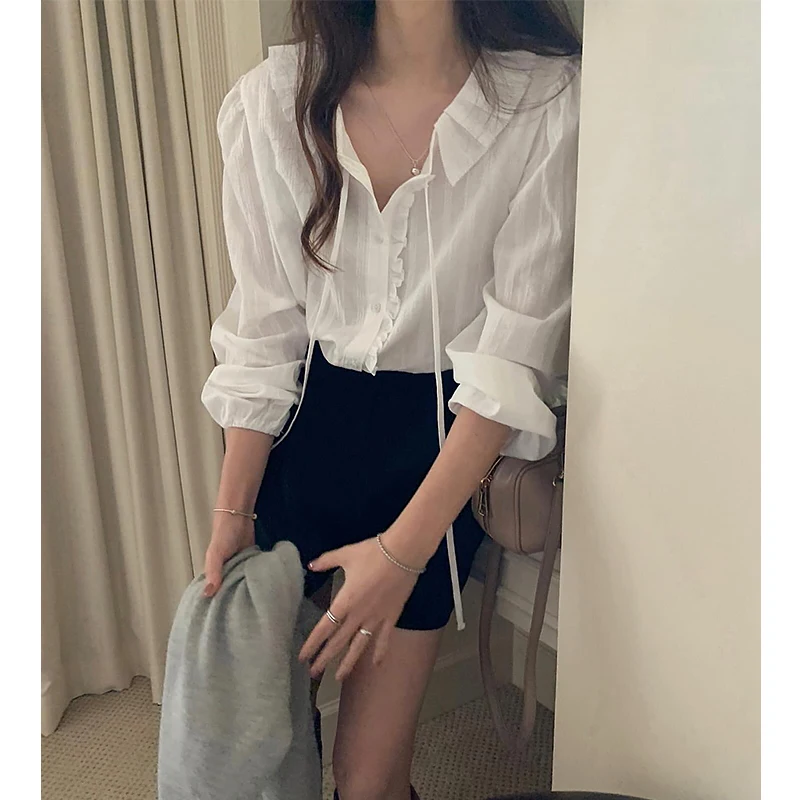 Sweet Sli White irt Long Sve Layering Top pour un look jeune Début du printemps Fibre de polyester 00% Faion pour femme