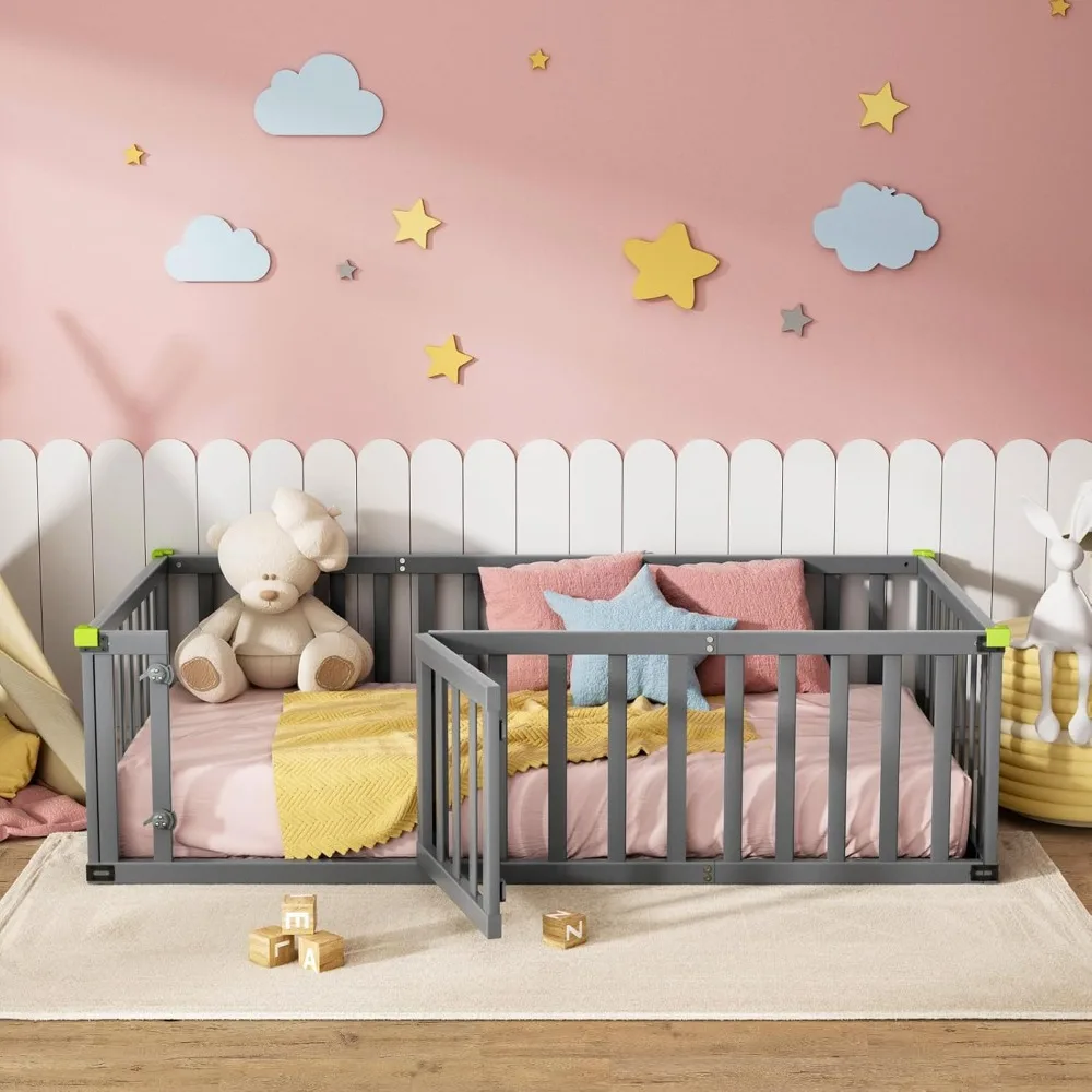 

ROOMTEC Twin Size Montessori Floor Bed for Kids, Solid Wood Toddler Bed Frame w/Convertible Door and Safety Fence, Floor-Bed-Fra