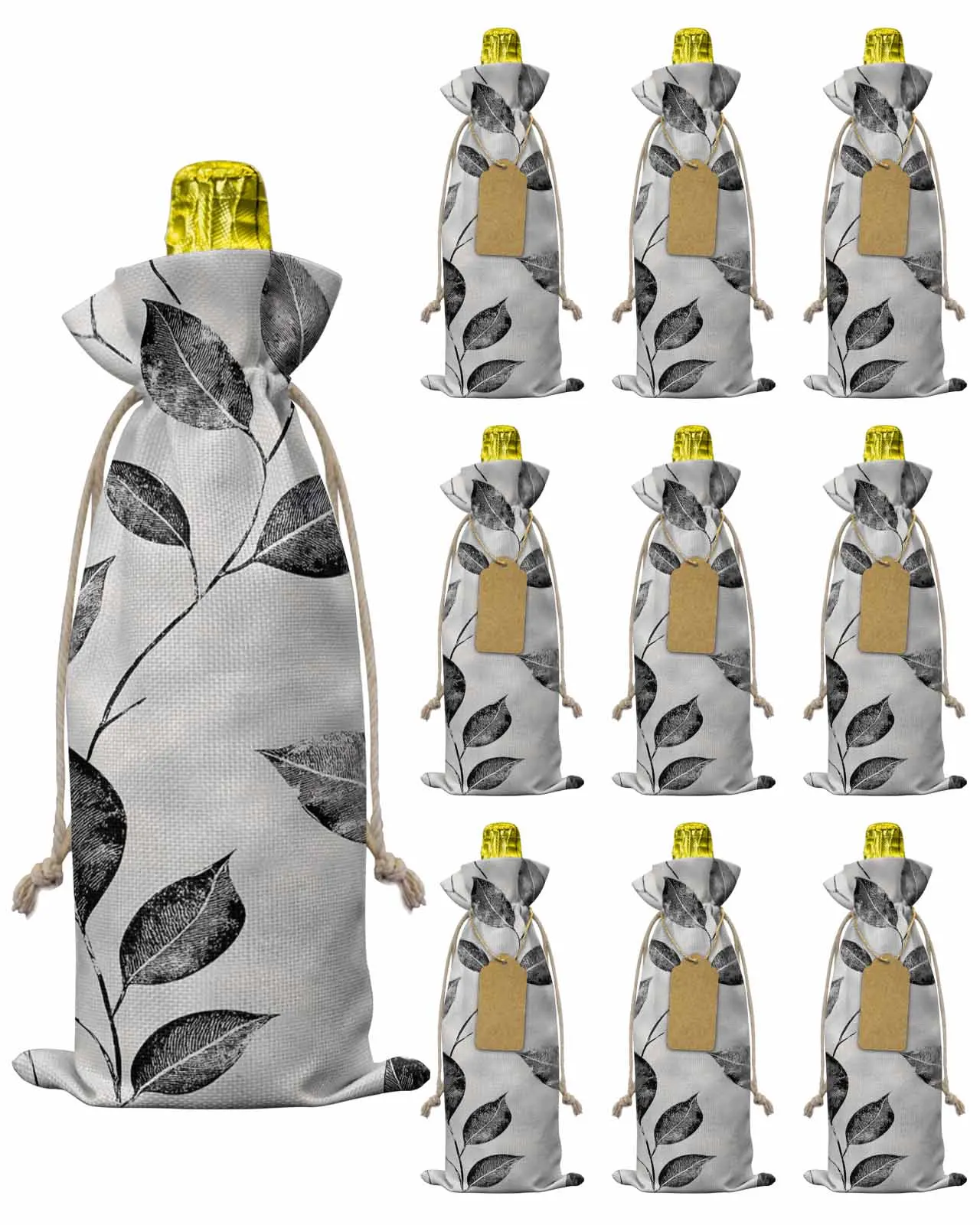 

10pcs Wine Bottle Covers Vintage Grey Overlay Leaves Wine Holder Carrier Packaging Bag Wedding Party Decor Gift