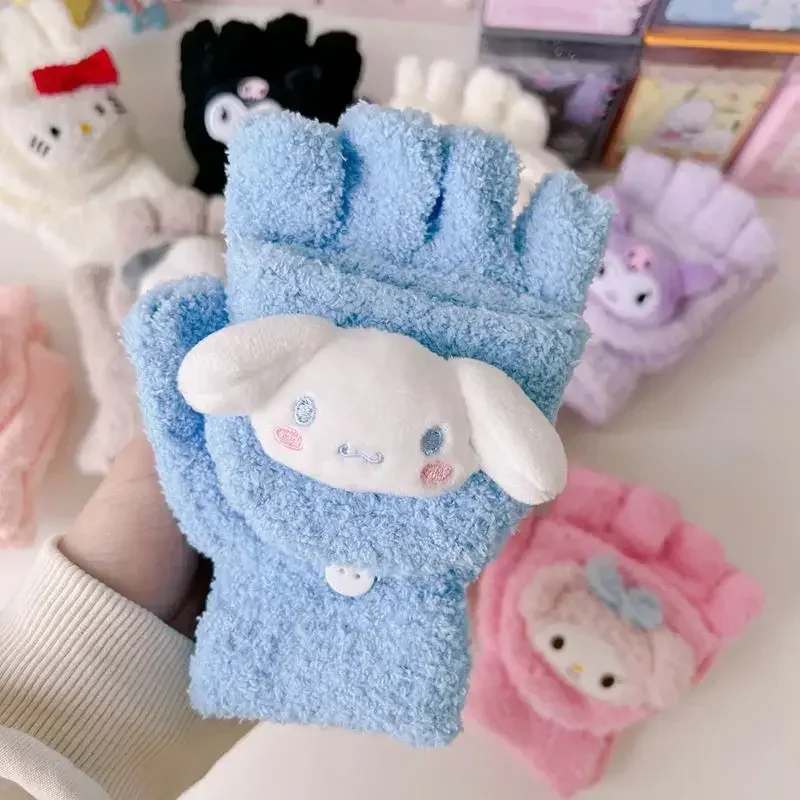 Sanrio Cinnamoroll Melody Kuromi Golves Women Kawaii Cartoon Warm Flap Open Half Finger Hello Kitty Y2k Knitted Coldproof Gloves