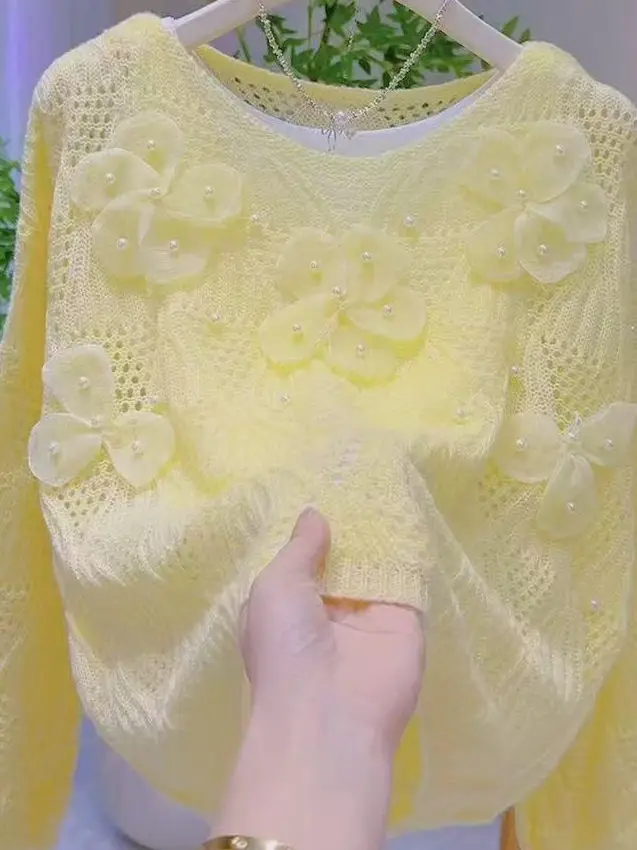 Large Size Knitted Sweater Hollow out Micro Transparent Floral Beading Atmosphere Casual Loose Fit Long Sleeve Women's Top