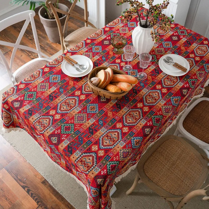 Patterned Tablecloth with Fringe Trim for Home Ideal for Elevating Dining Decor and Adding Vibrant Charm To Living Spaces