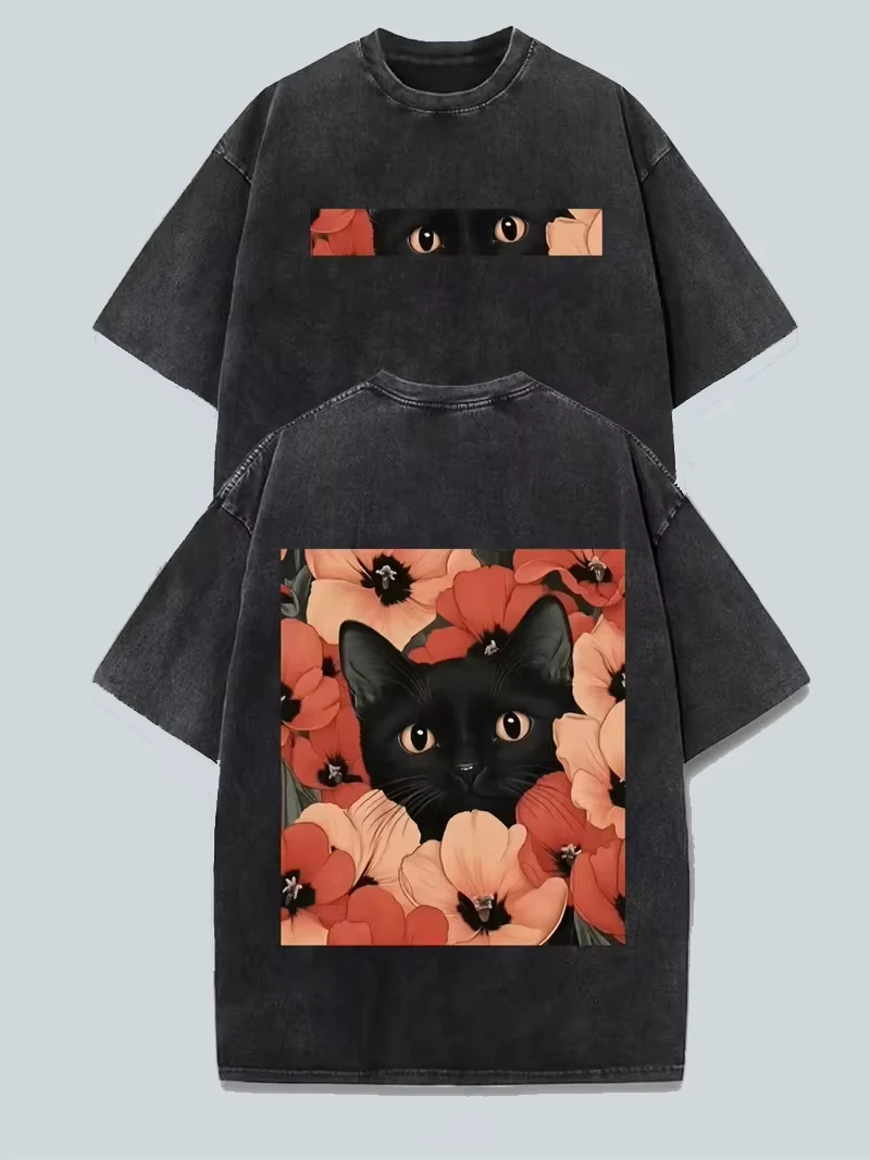 Floral Hidden Black Cat Front Back Graphic Print T-Shirt Men Women Vintage Washed O-Neck Loose Casual Oversized Summer New Tee