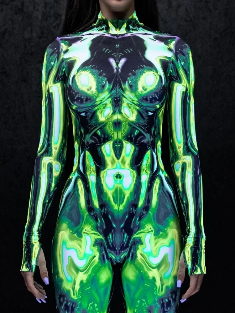 

2025 New Halloween Party Men and Women Couple Bodysuit Role Play Steampunk Costume Stretch Tights Set Cyberpunk Green Tights