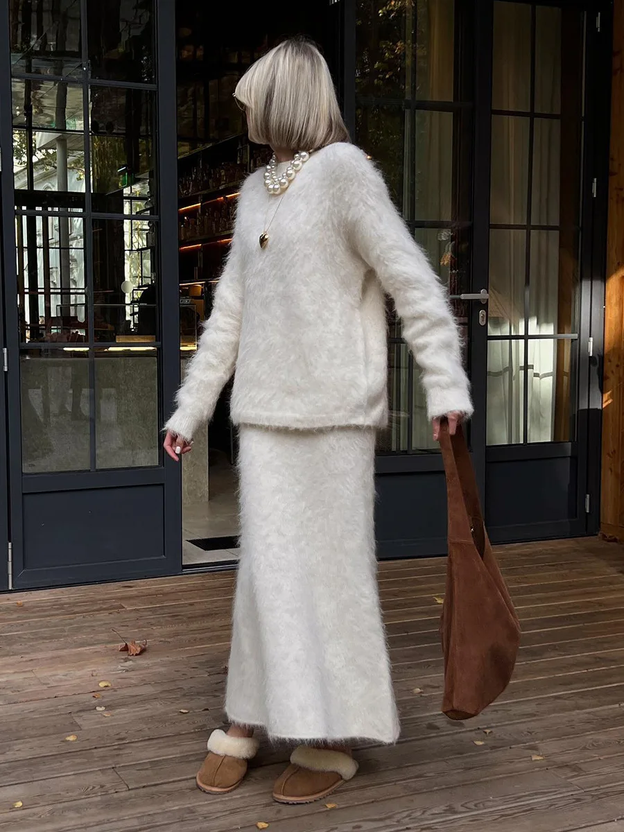 Blubelle inverno moda lã malha streetwear conjunto de 2 peças pulôver oversized saia de cintura alta feminino roupa casual