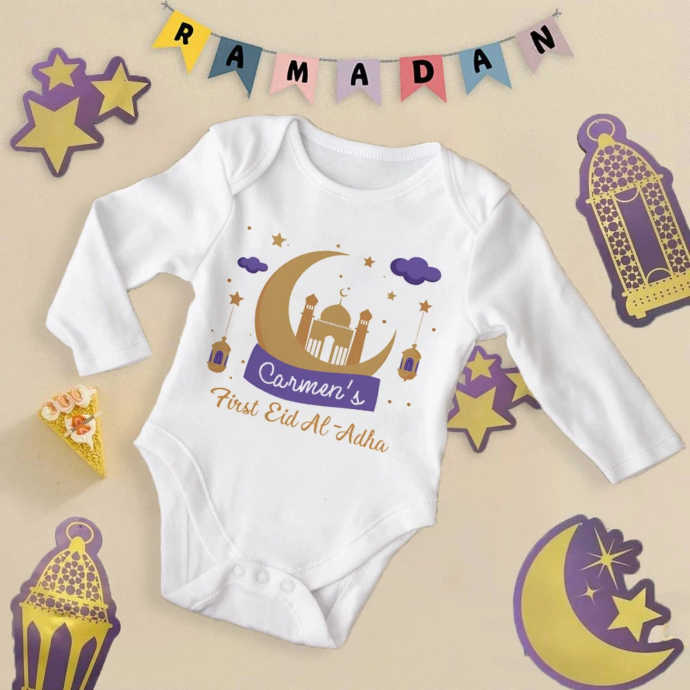 Personalized Baby First Eid Bodysuit Custom Name Newborn Jumpsuit Clothes Islamic Muslim Holiday Infant Romper Baby Shower Gift