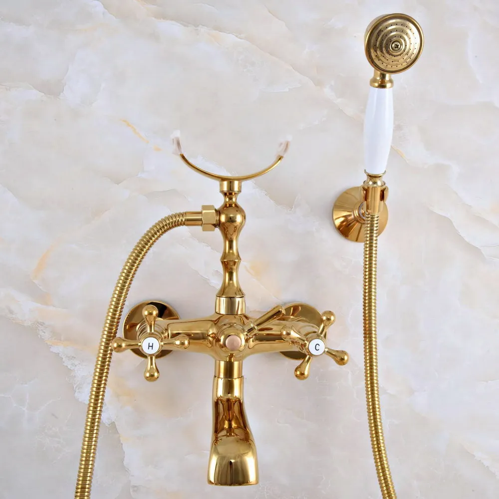 

Polished Gold Brass Double Handle Wall Mounted Bathroom Bath Tub Faucet Set with 150CM Hand Held Shower Spray Mixer Tap 2na915