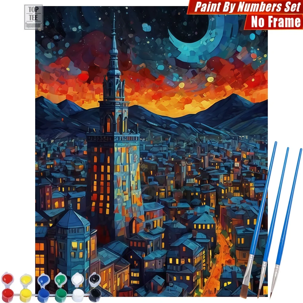 

Набор для рисования маслом «Городской пейзаж на закате» — картина с звездами и полумесяцем, декор для стен, подарок на День святого Валентина для жены