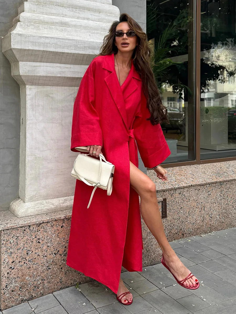 

Women's Cotton Linen Dress Lazy Casual Loose Robe Lapel Lace up Long Skirt Spring Summer 2026 New Collection