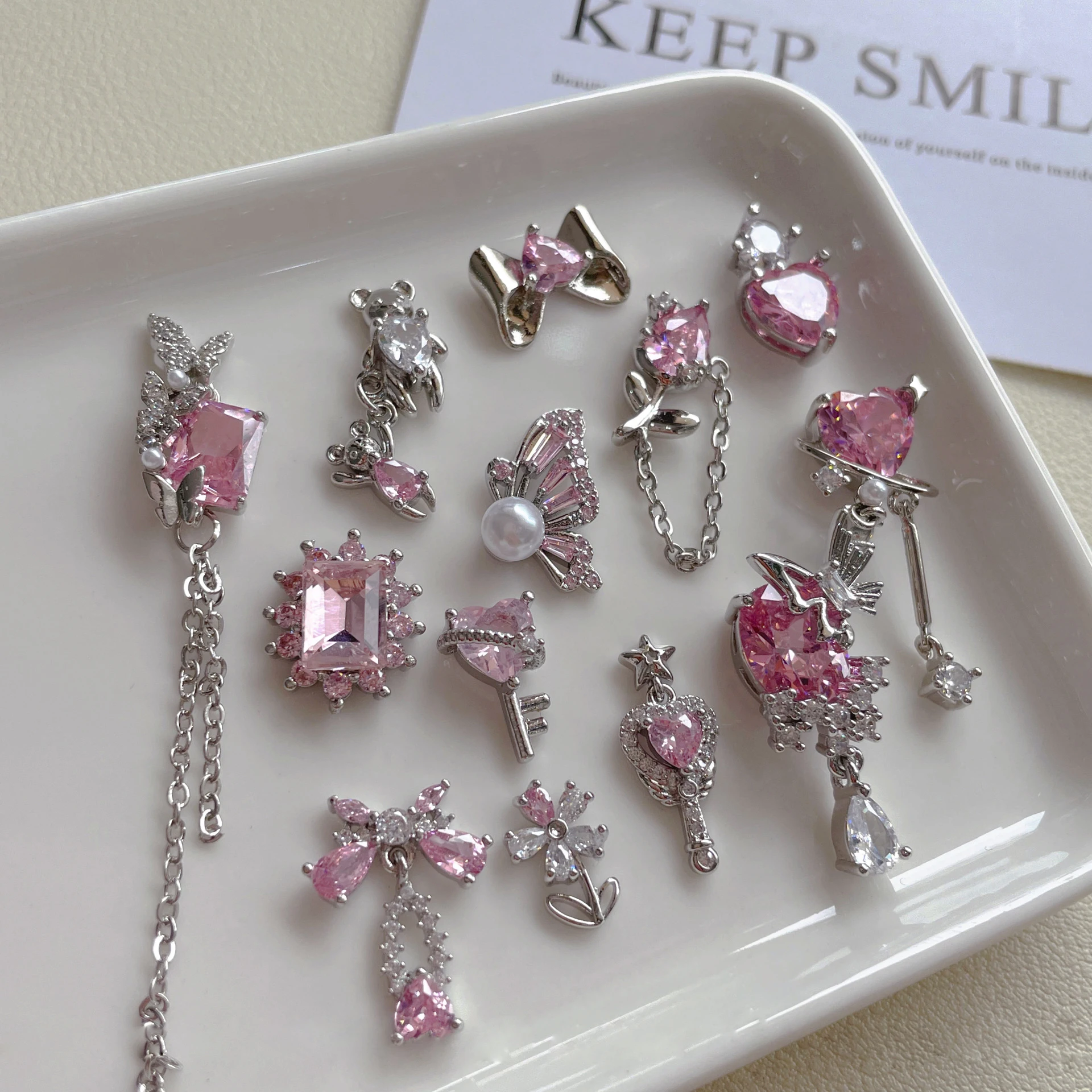 5PCS New hot selling nail art pink stone series luxurious zircon rose butterfly heart jewelry bow and diamond decoration