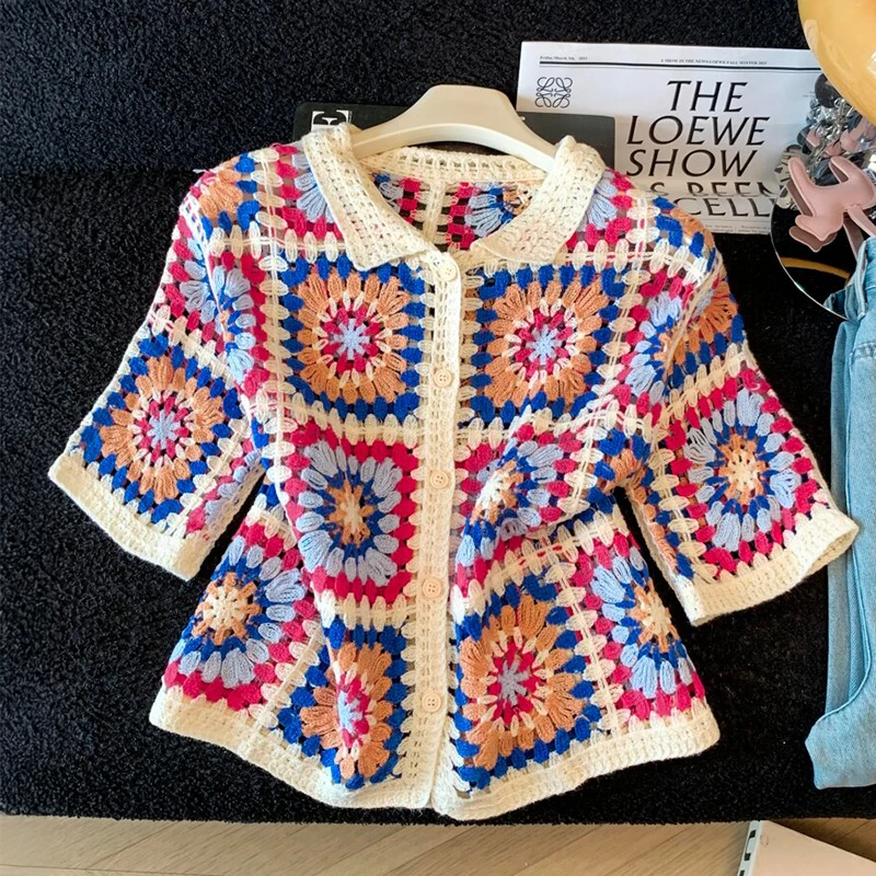 Short Sleeve Granny Square Polo Cardigan for Women Button-up Openwork Knitted Blouse Summer Boho Vacation Beach Tops