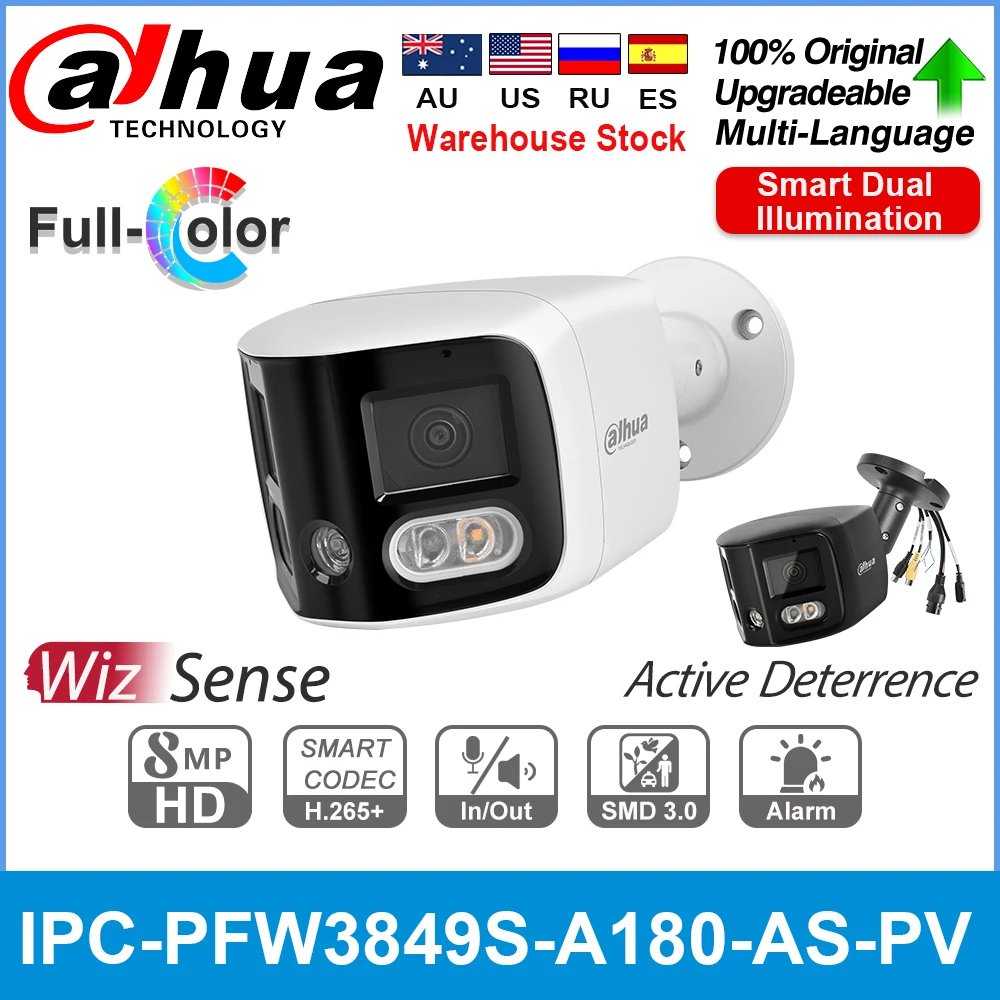 Cámara IP Dahua 8MP IPC-PFW3849S-A180-AS-PV 2x4MP WizSense Bullet TiOC Duo empalme focal fija Audio bidireccional luces rojas y azules