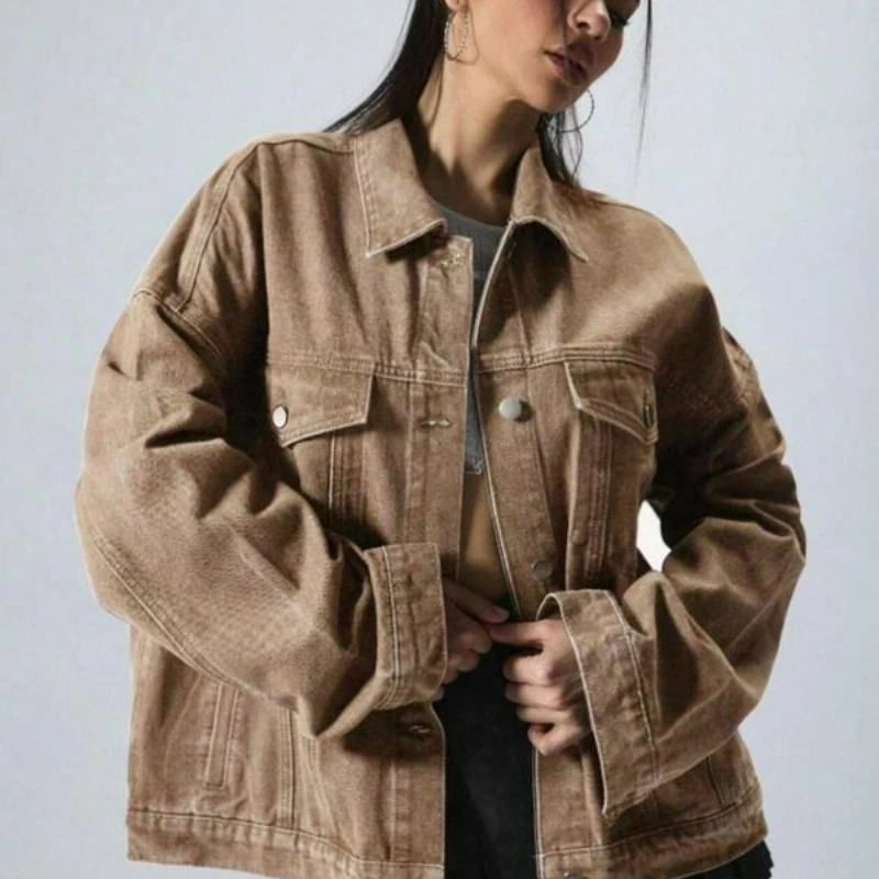 Autunno Inverno nuove donne tinta unita bottone abbottonatura frontale spalla giacca di jeans design retrò sciolto versatile cappotto corto da donna