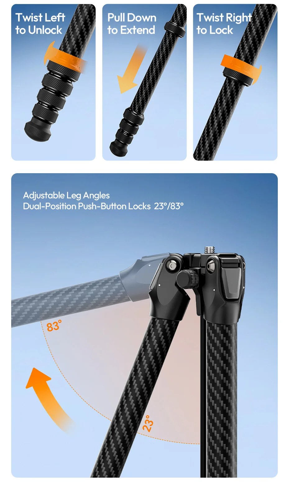 Ulanzi TZ01 Vielseitiges 2-in-1 Carbonfaser-Stativ Max. 1,6M Stativ mit Mini-Stativsäule für DSLR-Kamera für Outdoor-Reiseaufnahmen – Detail 10