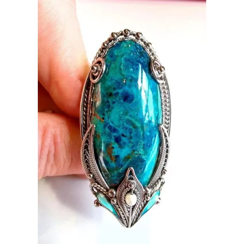 

Vintage Silver Color Oval Rings for Women Inlaid with Imitation Turquoise Stone Personalized Creativity Party Rings Jewelry
