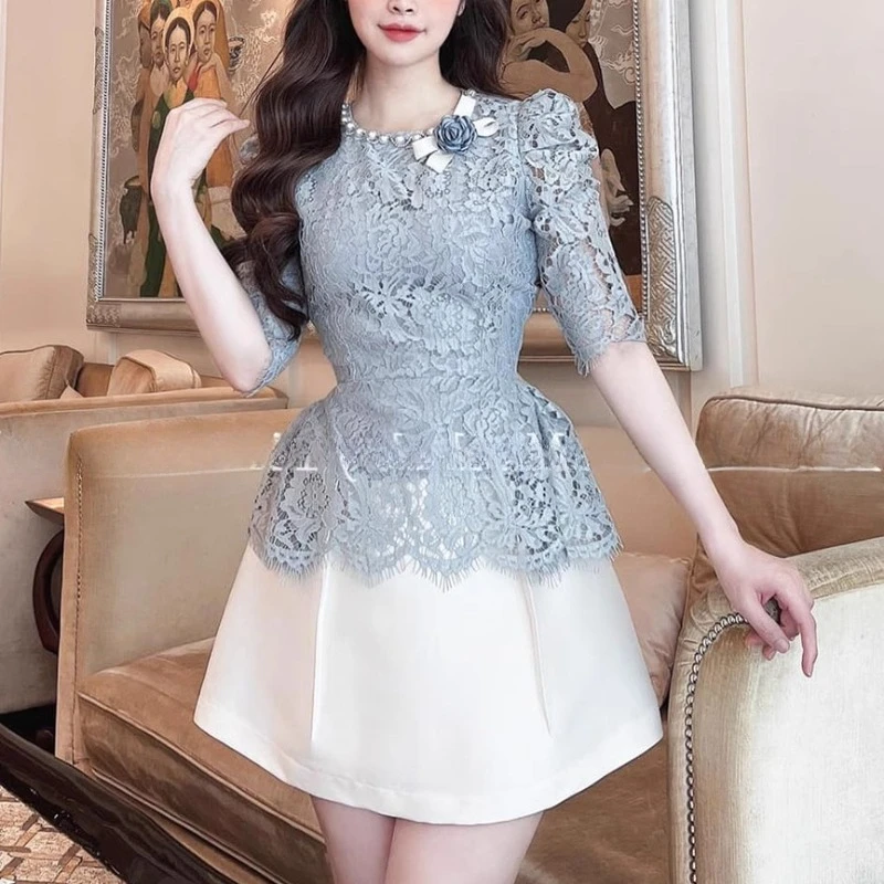 Blue Lace Tops + High Waisted Skirts Women Elegant with Flora 2 Piece Sets Ladies Runway Design Hollow Out Skirts Sets