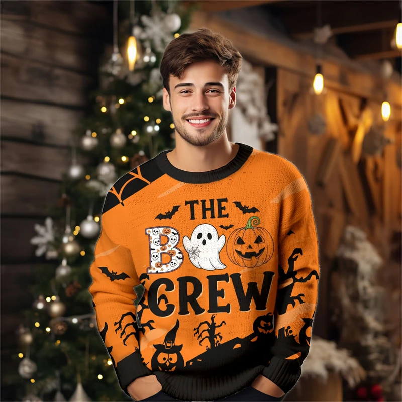 2026 جديد اليقطين الجمجمة نمط هالوين سترة قبيحة للرجال موضة عطلة ارتداء ثلاثية الأبعاد بلوزات مطبوعة فضفاضة تنفس القمم