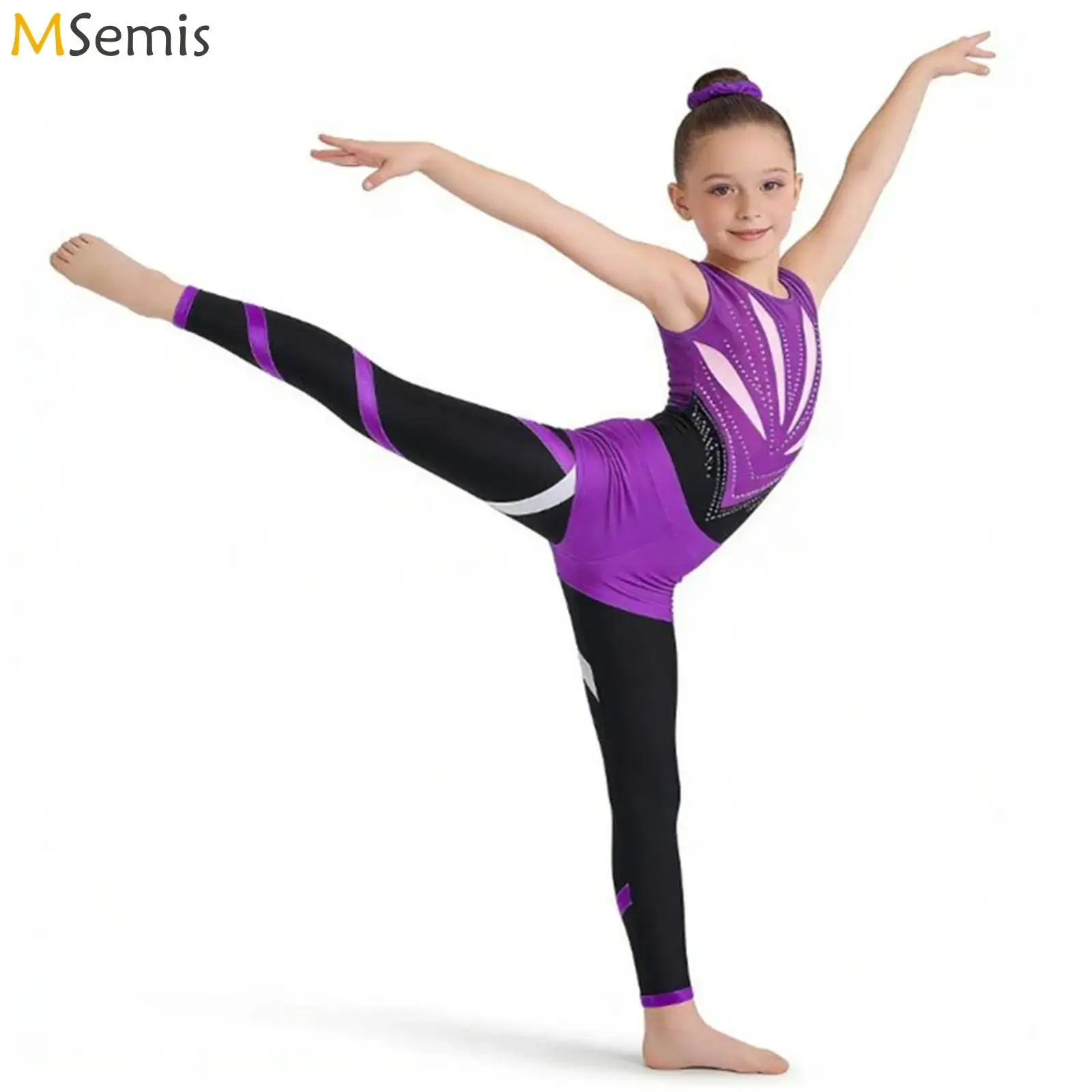 Kids Girls Gymnastics Ballet Dance Outfit Bowknot Cutout Back Sparkly Rhinestones Leotard with Shorts Leggings And Hair Band
