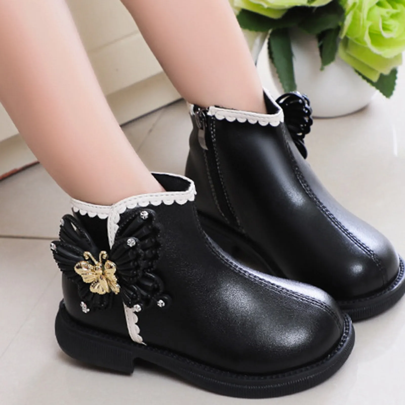 Autumn Winter Girls Ankle Boots Fashion Non-slip Quality Leather Short Boots Children Rhinestones Butterfly Fall Princess Boots