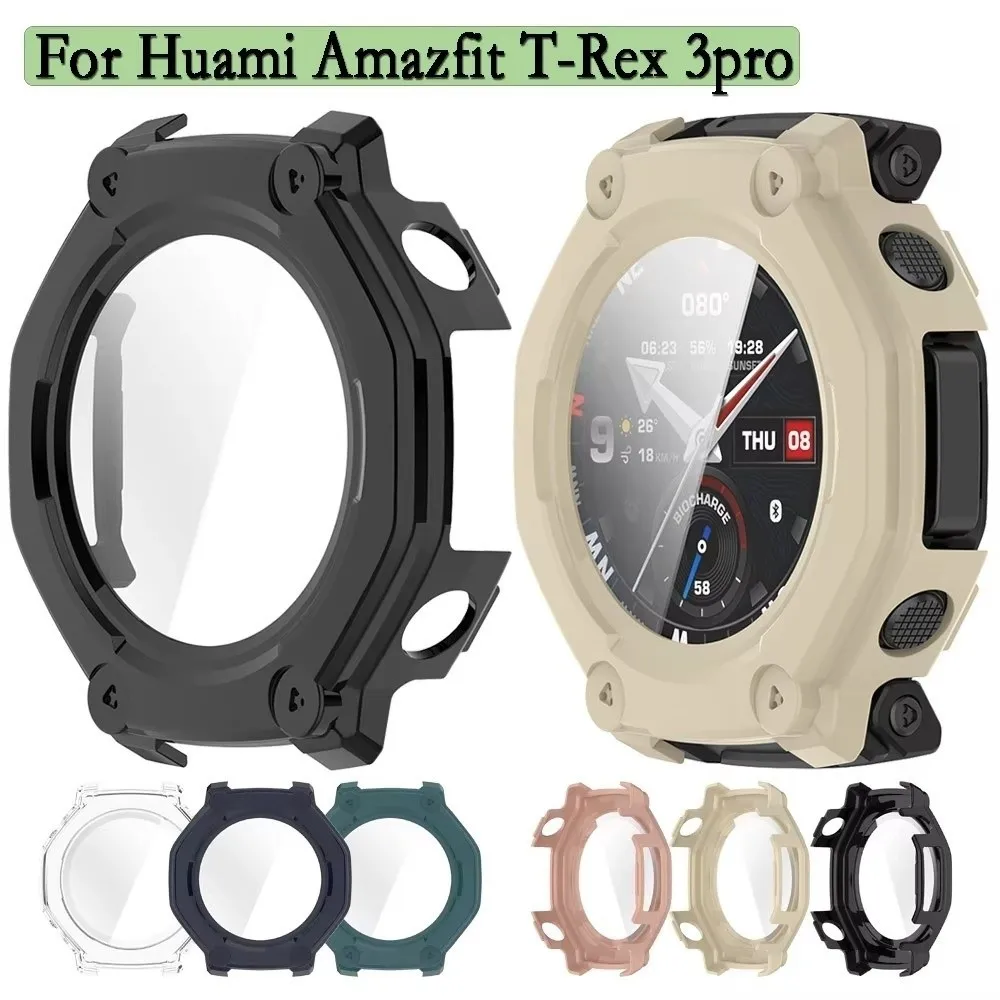 PC+Tempered Glass Protective Case Anti-Scratch 48mm Screen Protector Full Coverage Soft Edge Shell for Amazfit T-Rex 3 Pro