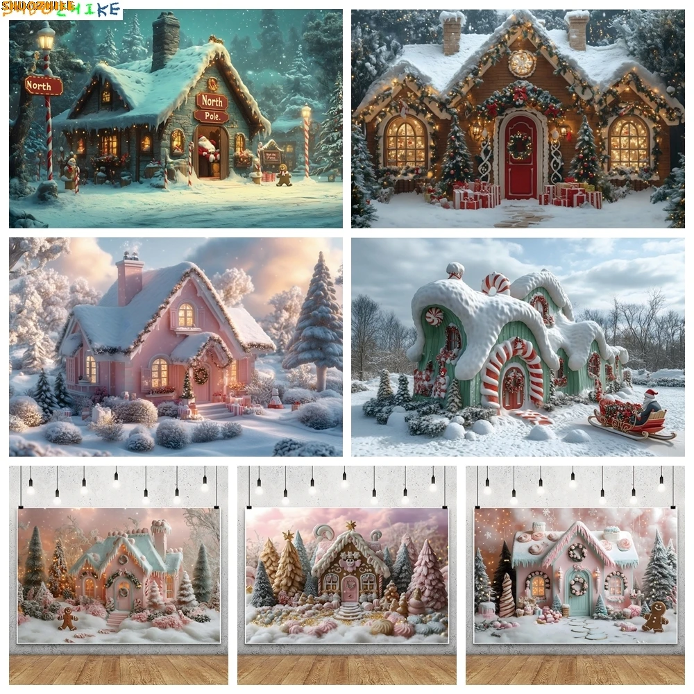 

Christmas Gingerbread House Background Winter Snow Christmas Village Pine Tree Kids Family Xmas Party Decor Backdrop Photo Props